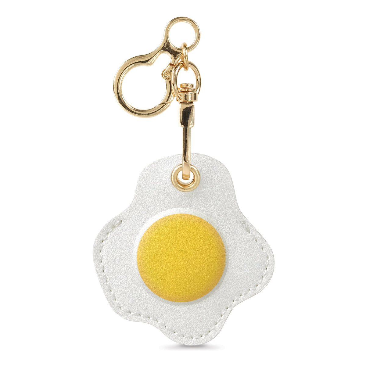 White and yellow fried egg vegan leather bag charm on a gold keyring. A quirky, highly rated holiday gift for foodies and an easy stocking stuffer $10 and under.