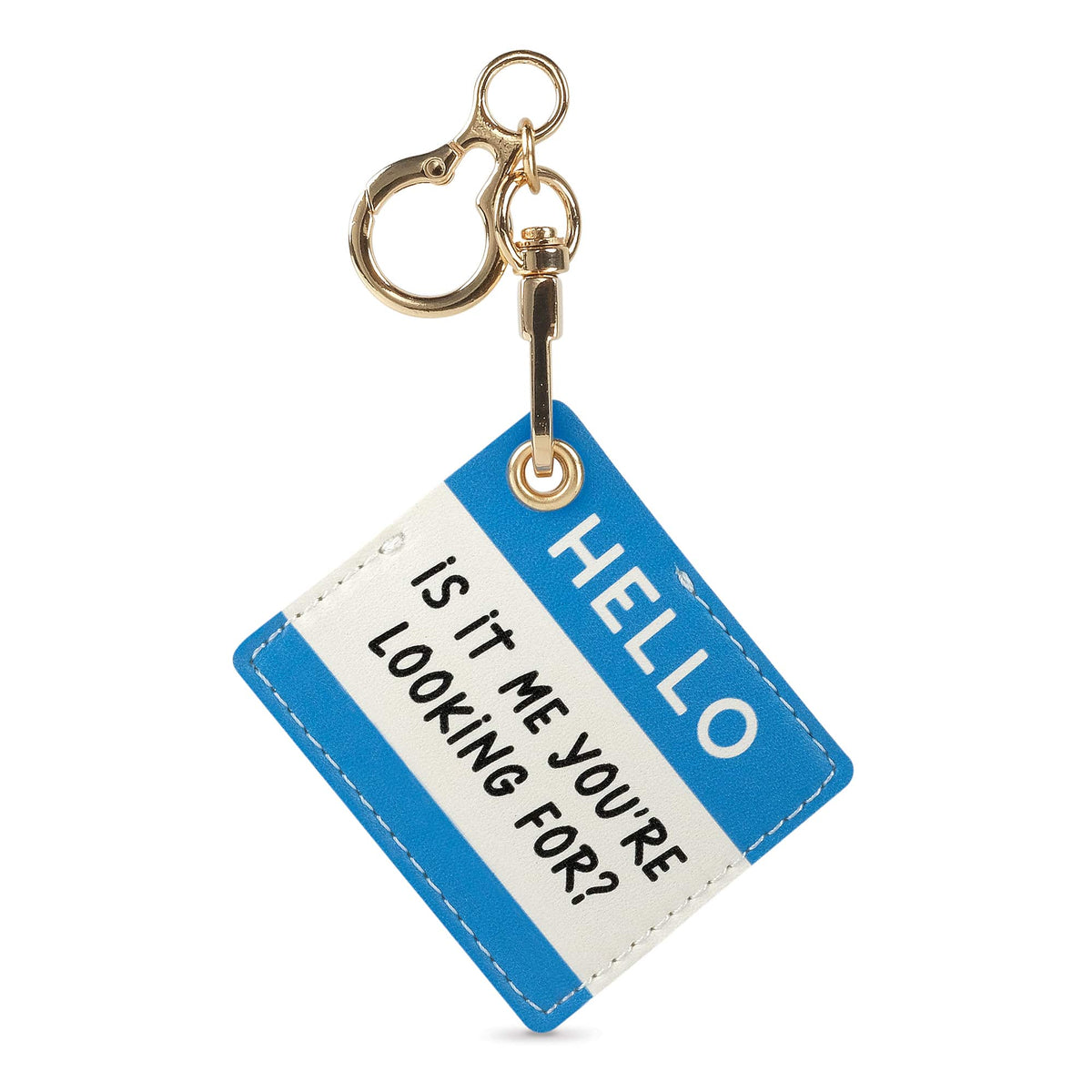 Close up of gold bag charm hardware with ring and clip, attached to a blue Hello tag.