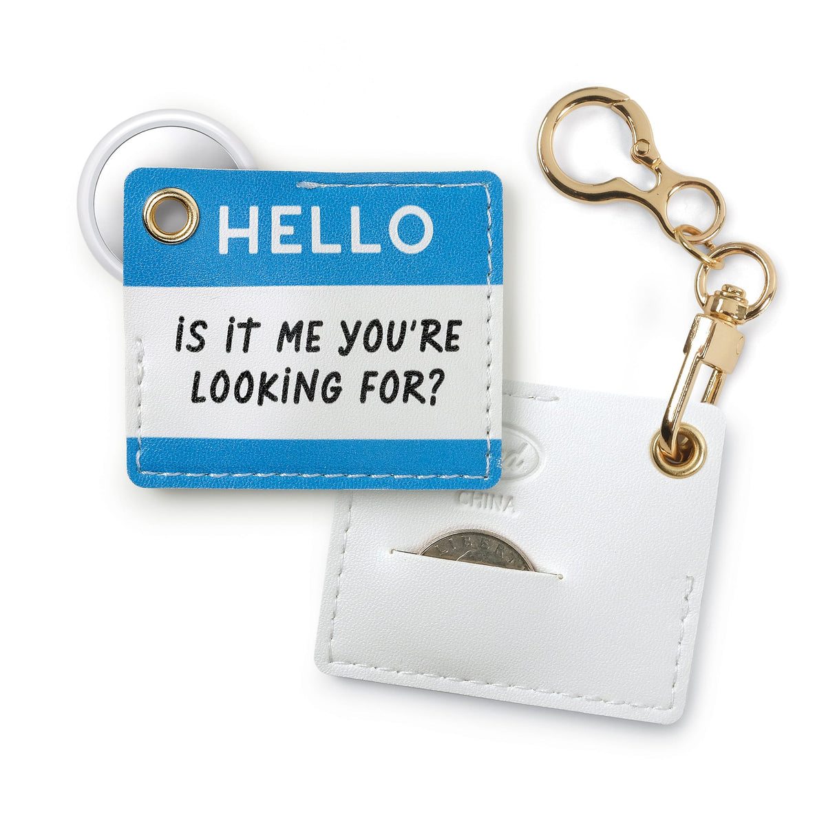 Little Charmer Hello blue and white card attached to a white leather pouch with gold hardware.