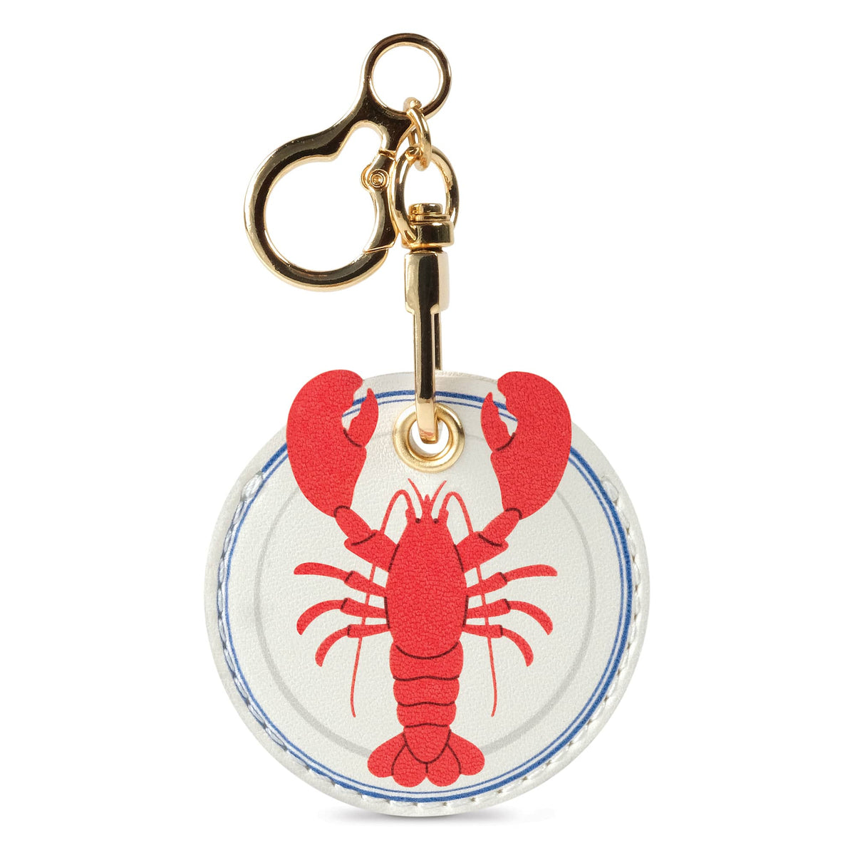 Round white faux leather bag charm featuring a red lobster graphic and blue scalloped edges on a gold keyring. A unique nautical holiday gift and easy stocking stuffer $10 and under.