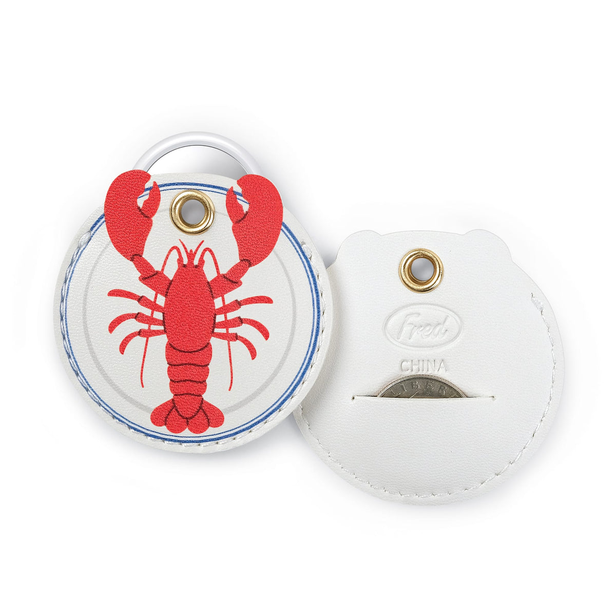 Back of the round lobster bag charm demonstrating the built-in emergency quarter slot. A highly practical, functional holiday gift and top stocking stuffer under $10.