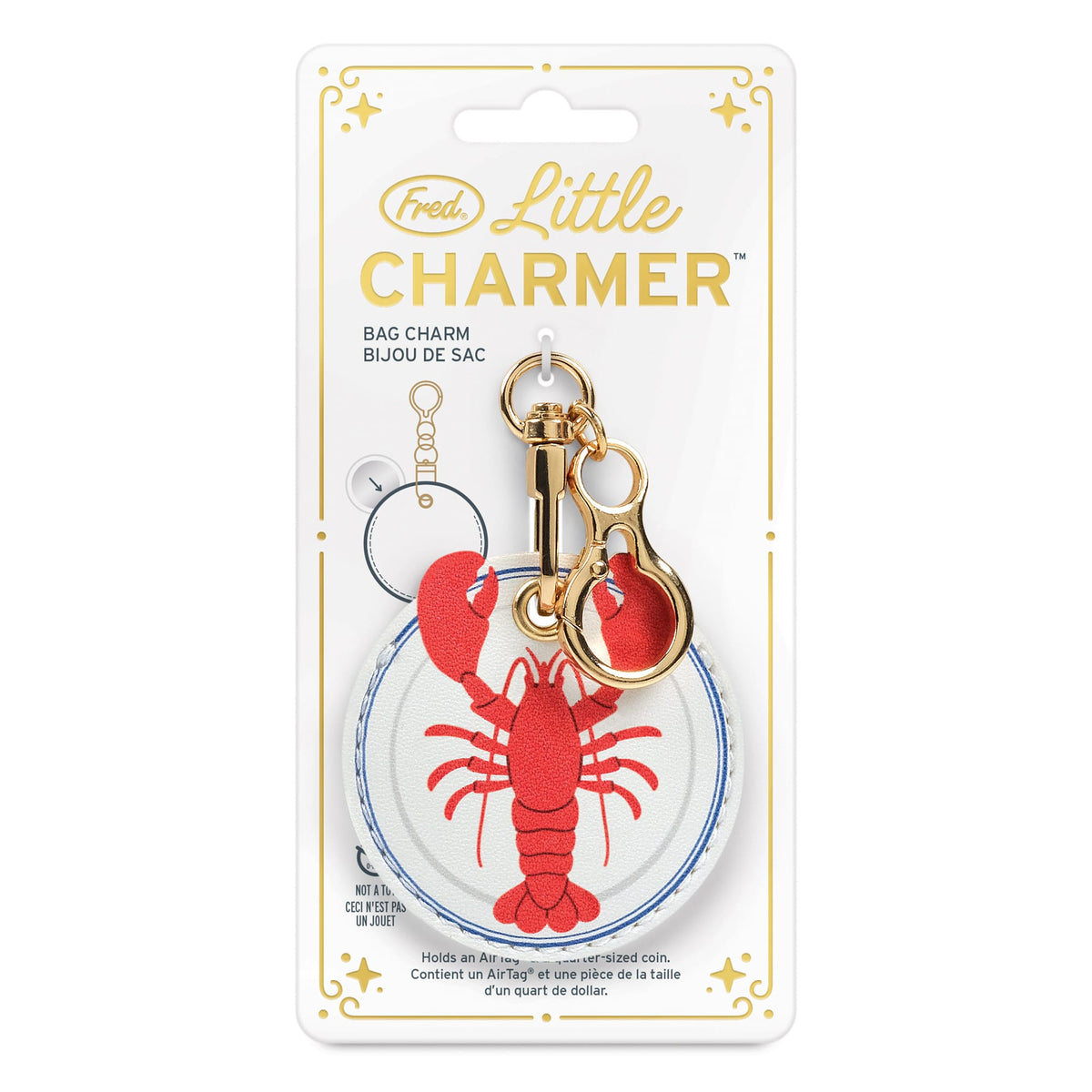 Nautical lobster Little Charmer bag charm displayed on its gift-ready gold foil-stamped backer card. A highly recommended, ready-to-give holiday gift and easy stocking stuffer for $10.