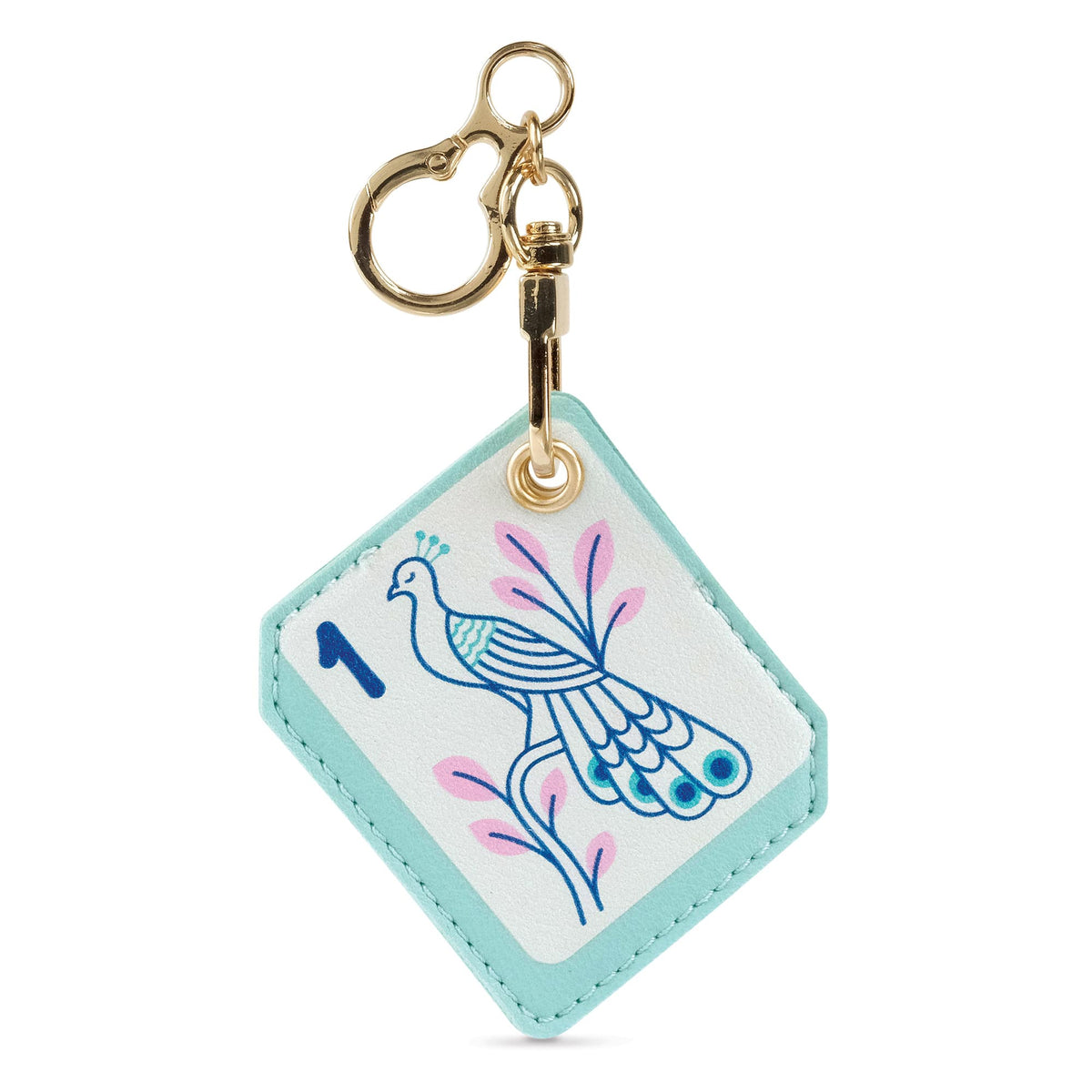 Vegan leather bag charm shaped like a Mahjong tile featuring a peacock illustration and gold-tone hardware. A unique, stylish holiday gift for Mahjong players and an easy stocking stuffer $10 and under.