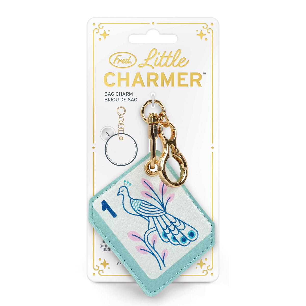 Mahjong design Little Charmer bag charm displayed on a gift-ready gold foil card. A highly recommended, budget-friendly holiday gift and easy stocking stuffer for $10
