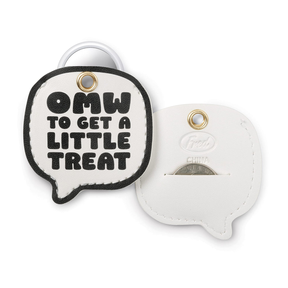 Back view of the 'Little Treat' bag charm highlighting the hidden Apple AirTag® holder and emergency quarter slot. A clever, practical tech accessory holiday gift and useful stocking stuffer $10 and under.
