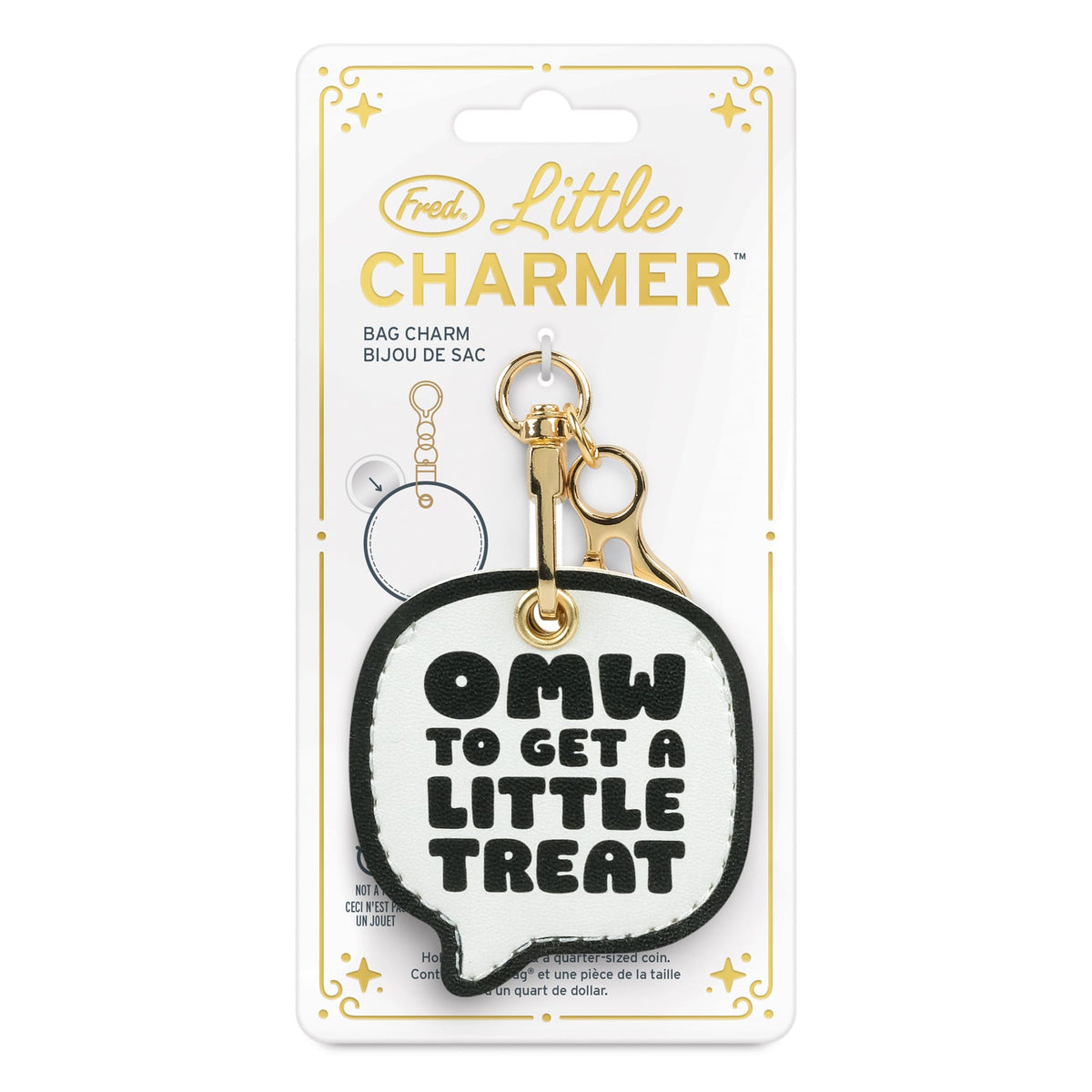Close-up of the gold bag charm hardware attached to the white and gold gift-ready display card. A budget-friendly, high-quality holiday gift and stocking stuffer.