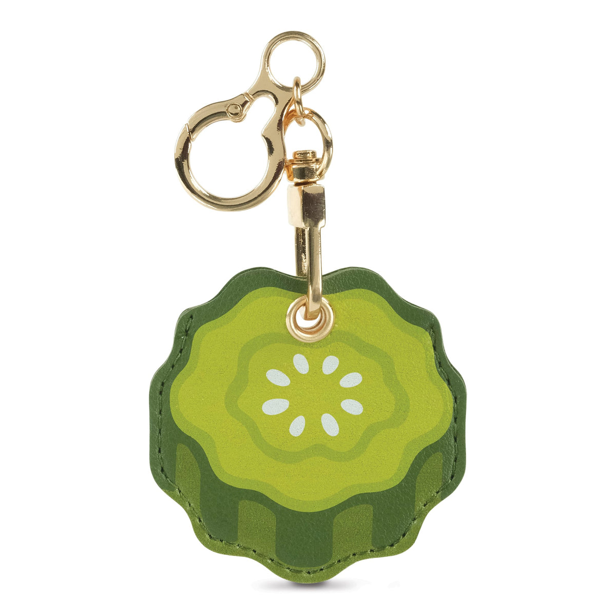 Vegan leather bag charm shaped like a green pickle on a gold keyring. A funny, highly rated holiday gift for pickle lovers and an easy stocking stuffer $10 and under.