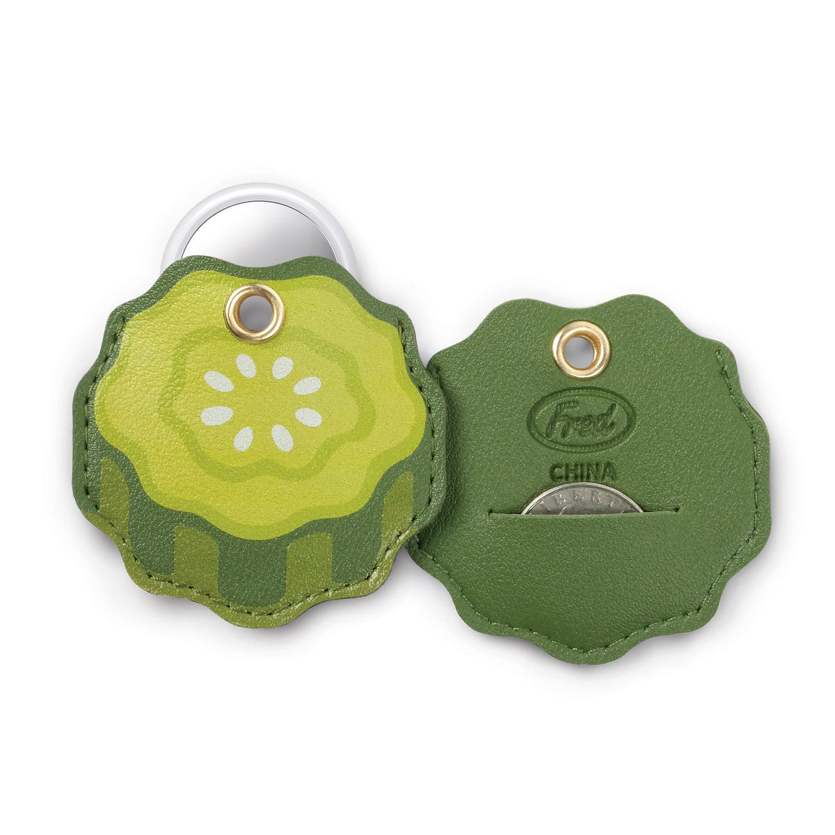 Close-up of the back of the pickle bag charm displaying the emergency quarter and AirTag® pocket. A top-rated functional stocking stuffer and affordable holiday gift for $10.