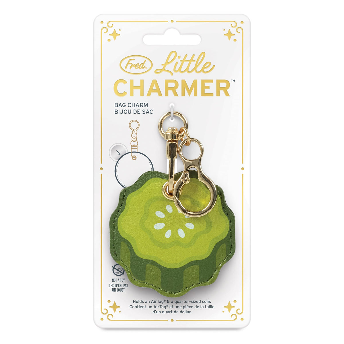 Pickle design Little Charmer bag charm displayed on a gift-ready gold foil card. A highly recommended, ready-to-give holiday gift and budget-friendly stocking stuffer.