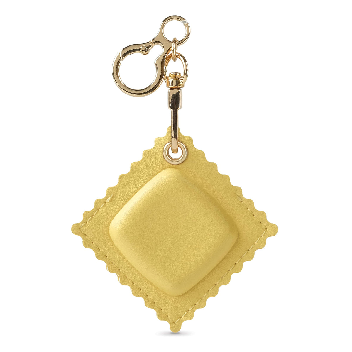 Faux leather bag charm shaped like a ravioli pasta piece on a gold keyring. A unique, funny holiday gift for pasta lovers and an easy stocking stuffer under $10.