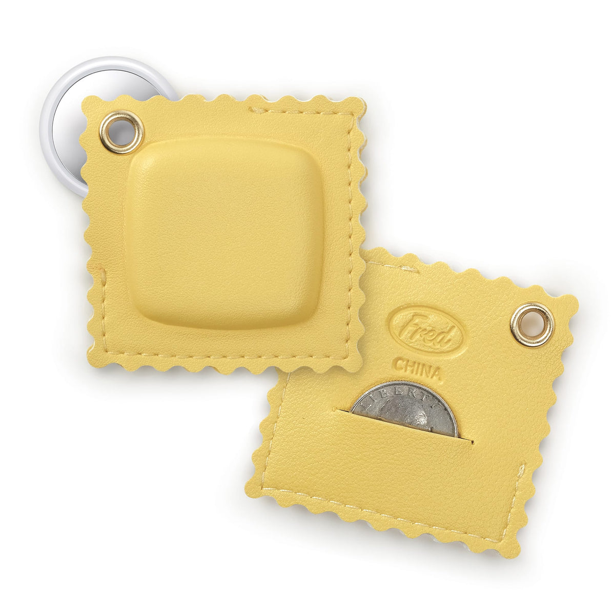 Back view of the ravioli bag charm demonstrating the hidden Apple AirTag® holder and emergency quarter slot. A top-rated practical stocking stuffer and affordable tech accessory gift.