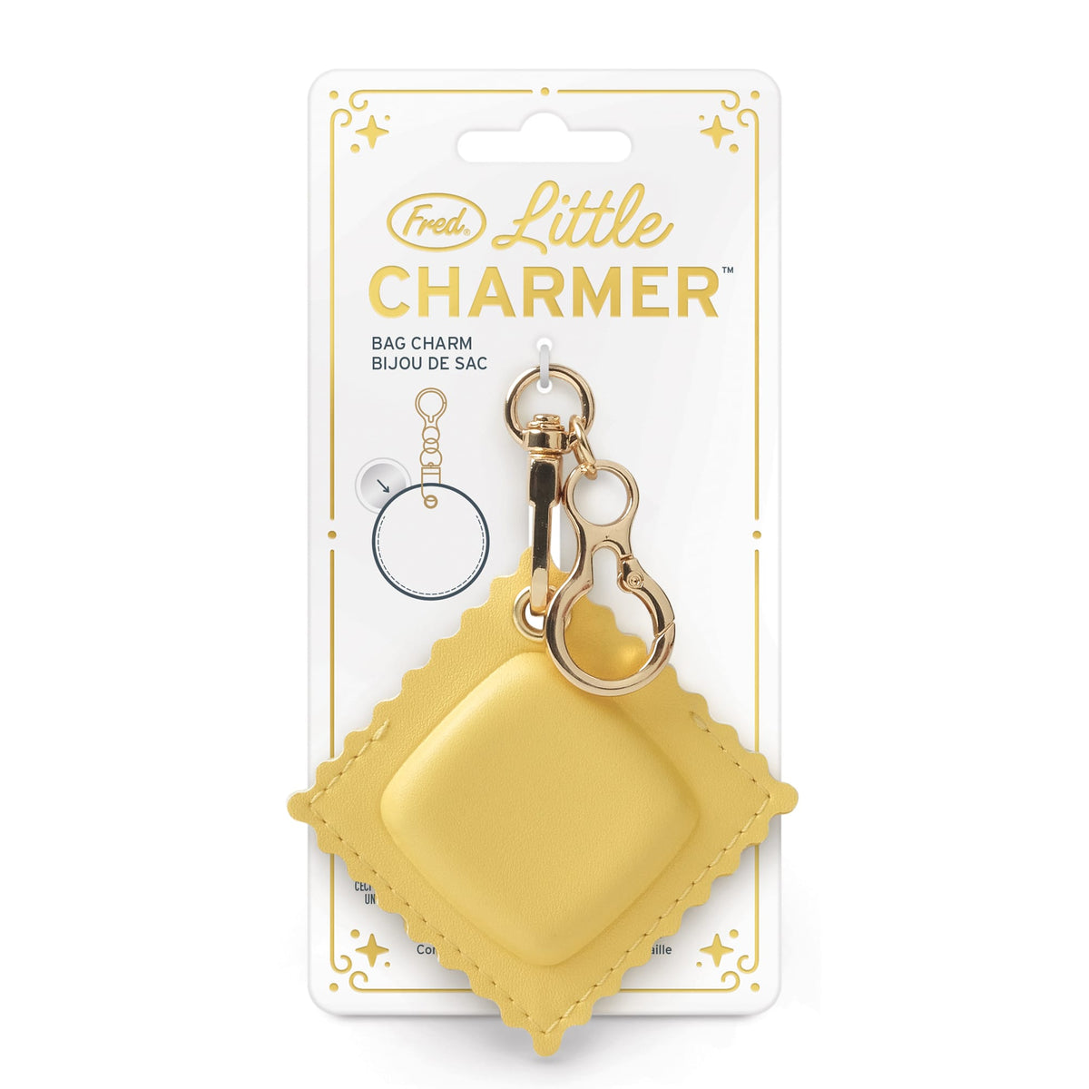 Ravioli design Little Charmer bag charm displayed on a gift-ready gold foil card. A highly recommended, budget-friendly holiday gift and top stocking stuffer for $10.