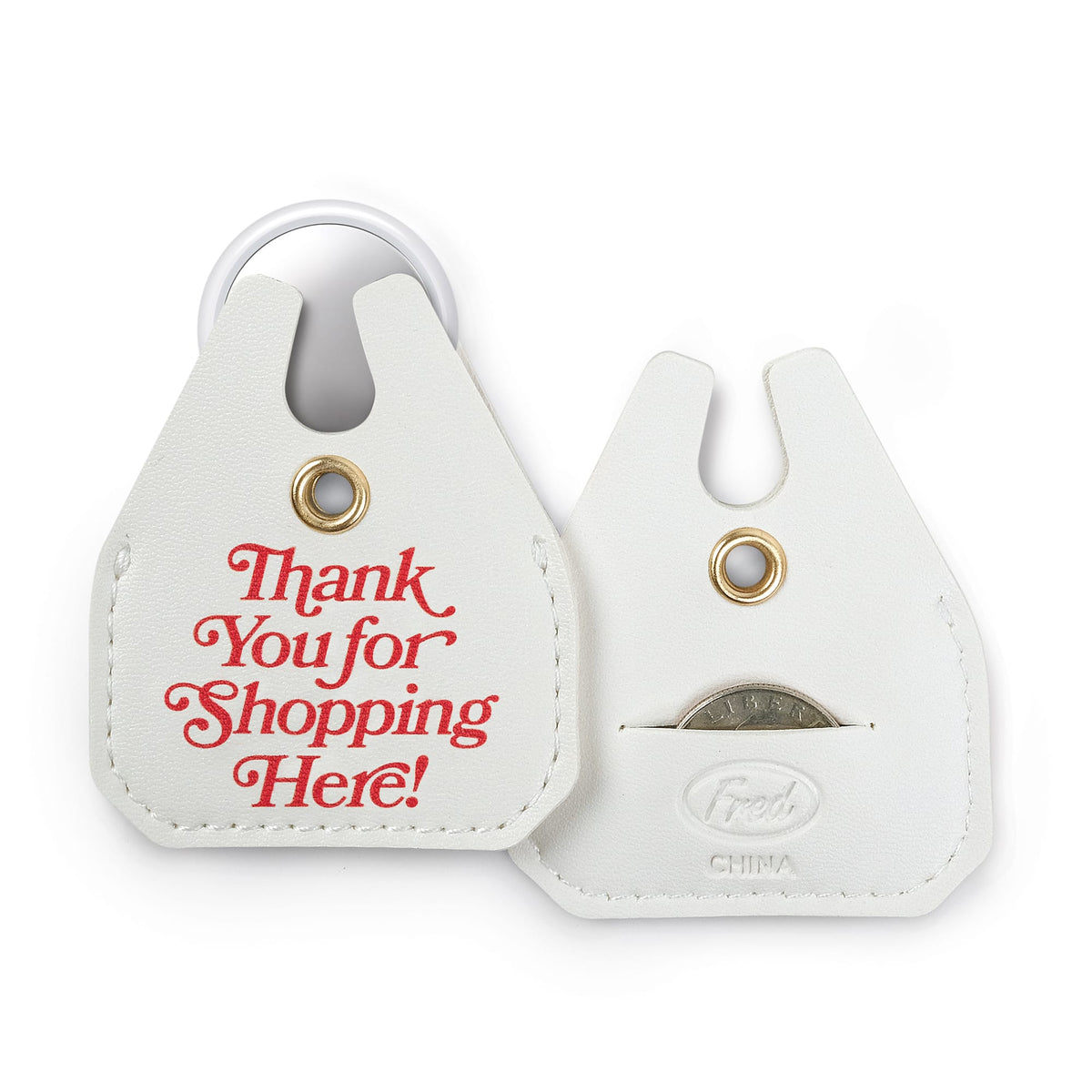 Back view of the grocery bag charm showing the hidden Apple AirTag® holder and emergency quarter slot. A top-rated practical stocking stuffer and affordable tech accessory gift under $10.