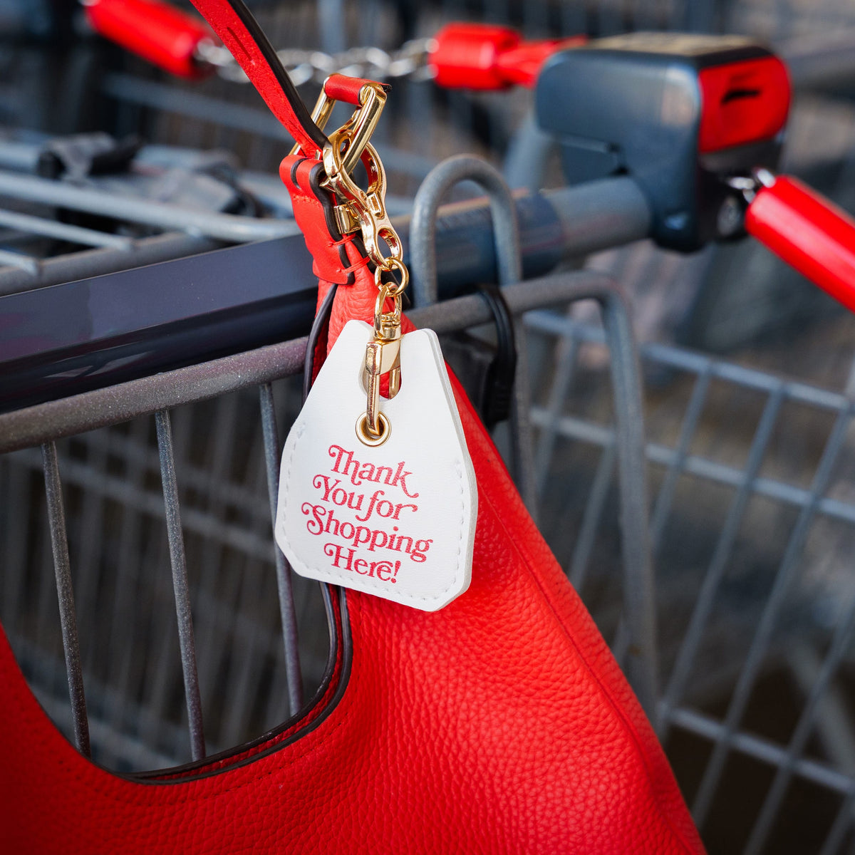 White grocery bag charm attached to an Aldi shopping cart, demonstrating the built-in emergency quarter slot. A clever, highly useful holiday gift and top stocking stuffer idea for grocery shoppers.