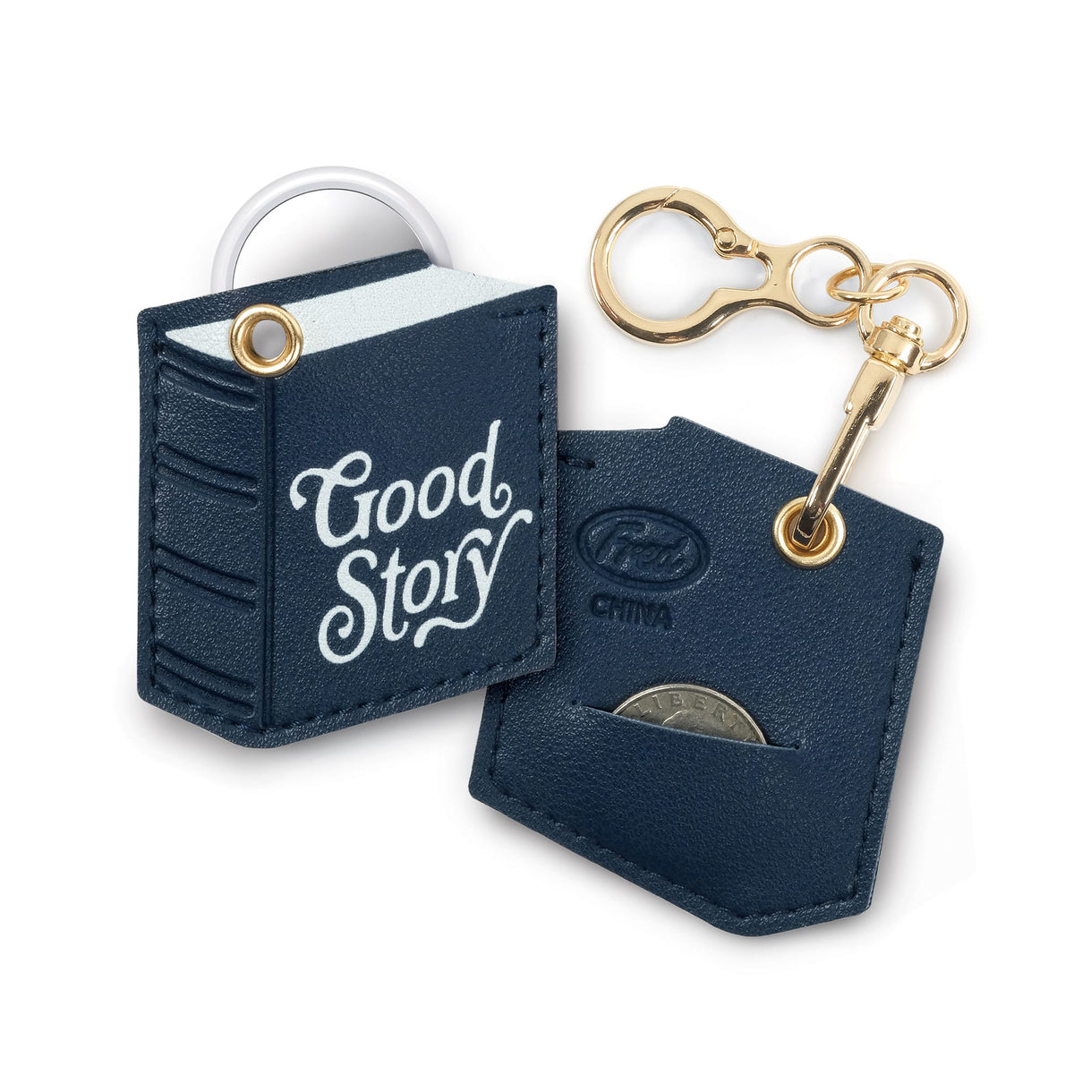 Back of the book-themed bag charm showing the hidden AirTag® holder and emergency quarter slot. A practical and easy stocking stuffer $10 and under.