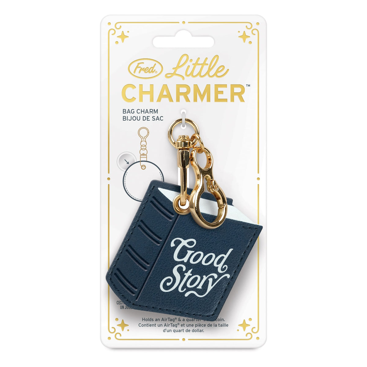 Little Charmer book design bag charm displayed on a gift-ready gold foil card, making it an ideal gift for book lovers for $10 and under.
