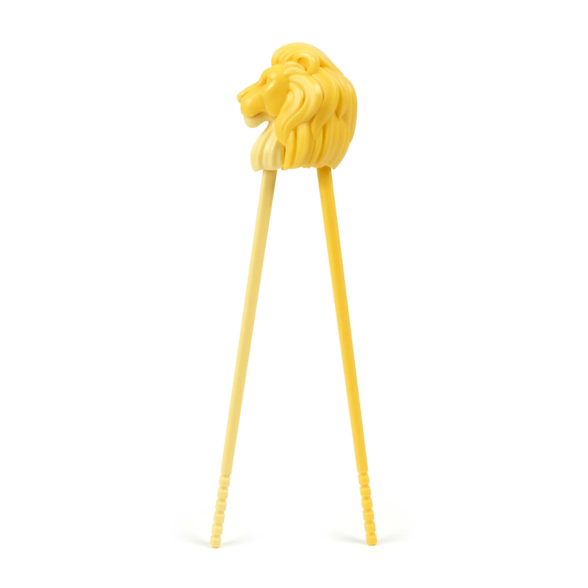 Yellow plastic chopsticks with a lion head topper, shown on a plain white background.