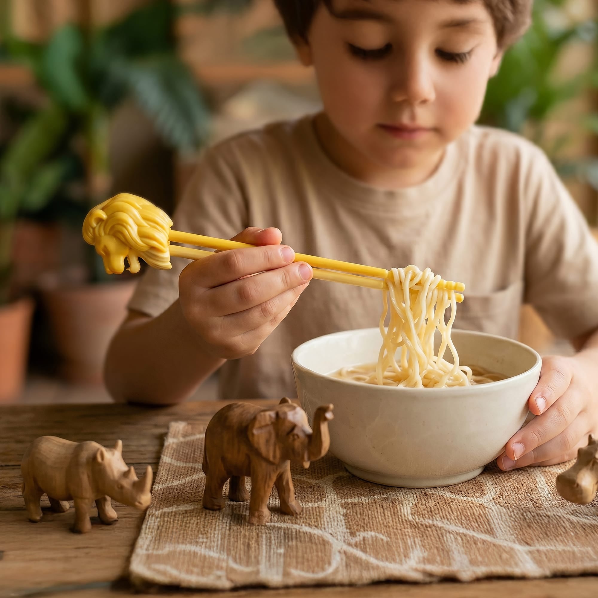 A child in a beige t-shirt uses yellow chopsticks with a lion head tip to lift noodles from a white bowl. The scene is set on a rustic wooden table with small wooden animal figurines, including an elephant and rhinoceros, on a woven placemat, with a softly blurred indoor background.