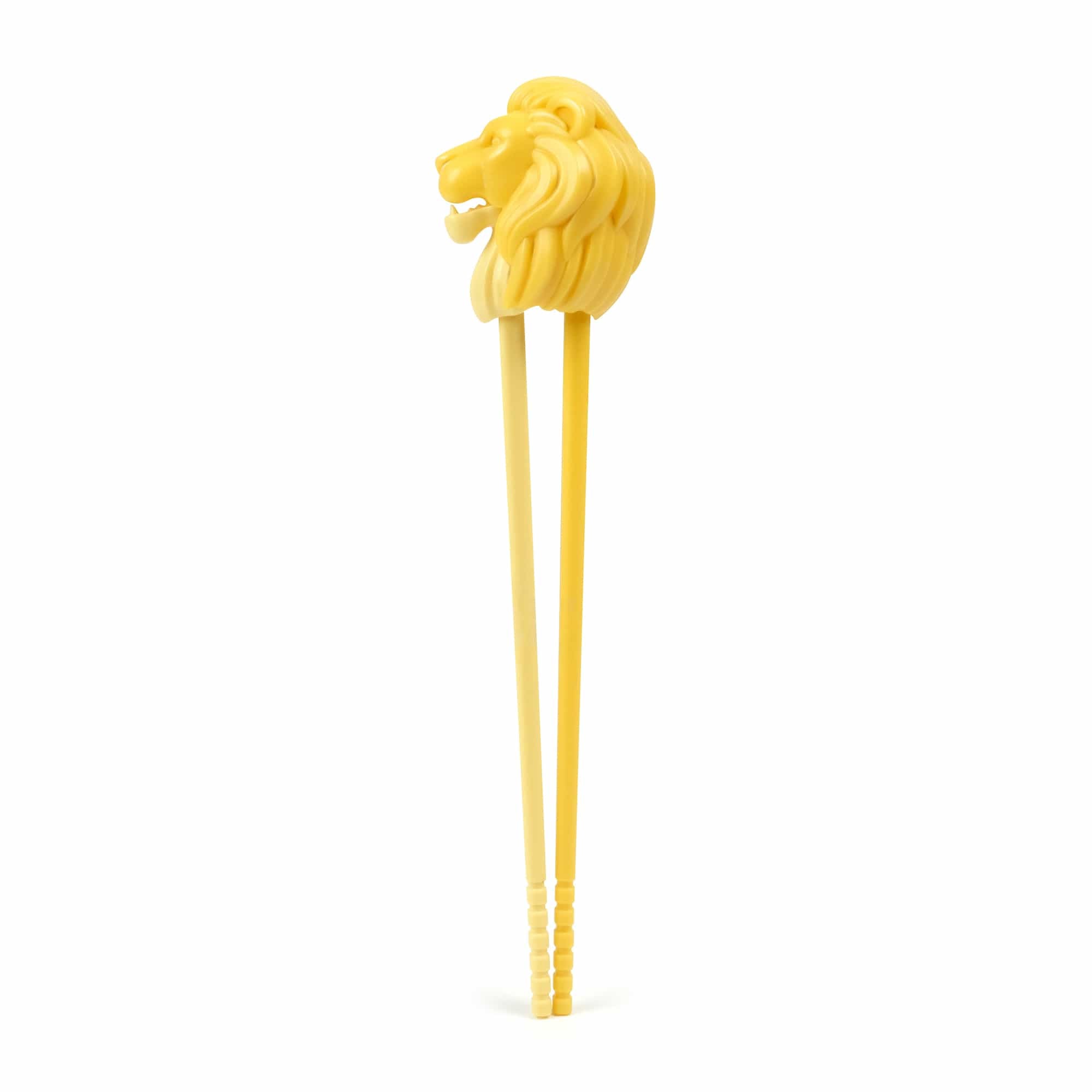 Yellow kid-friendly chopsticks with a lion head topper, shown on a plain white background.