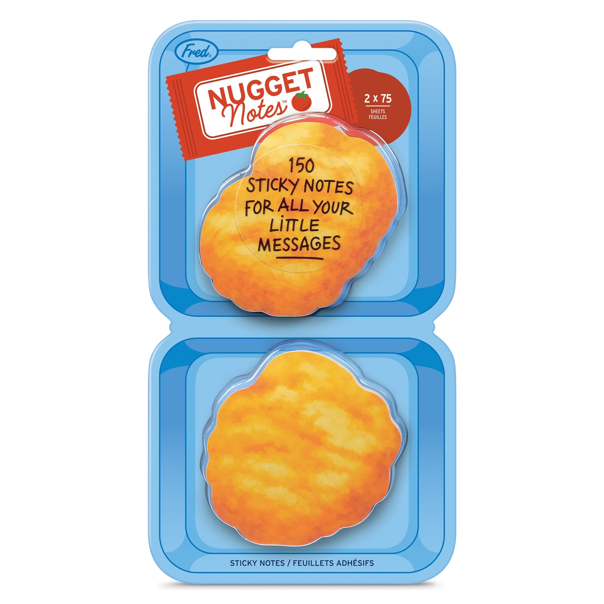A package of Fred Nugget Notes sticky notes, featuring two orange chicken Nugget-shaped sticky notes in a blue clamshell blister pack with a red Nugget Notes logo tab.