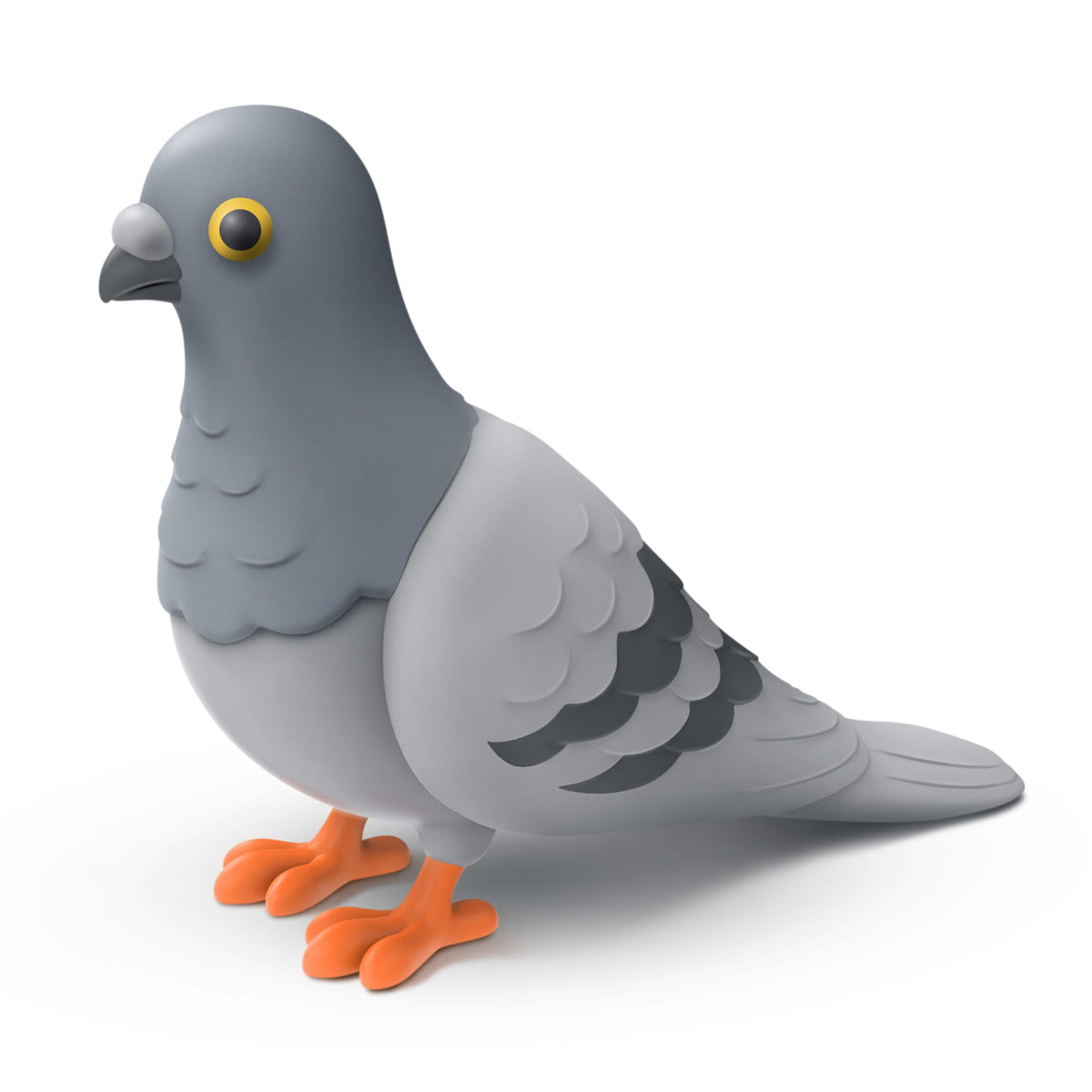 Gray pigeon toy with yellow eye close up against white background