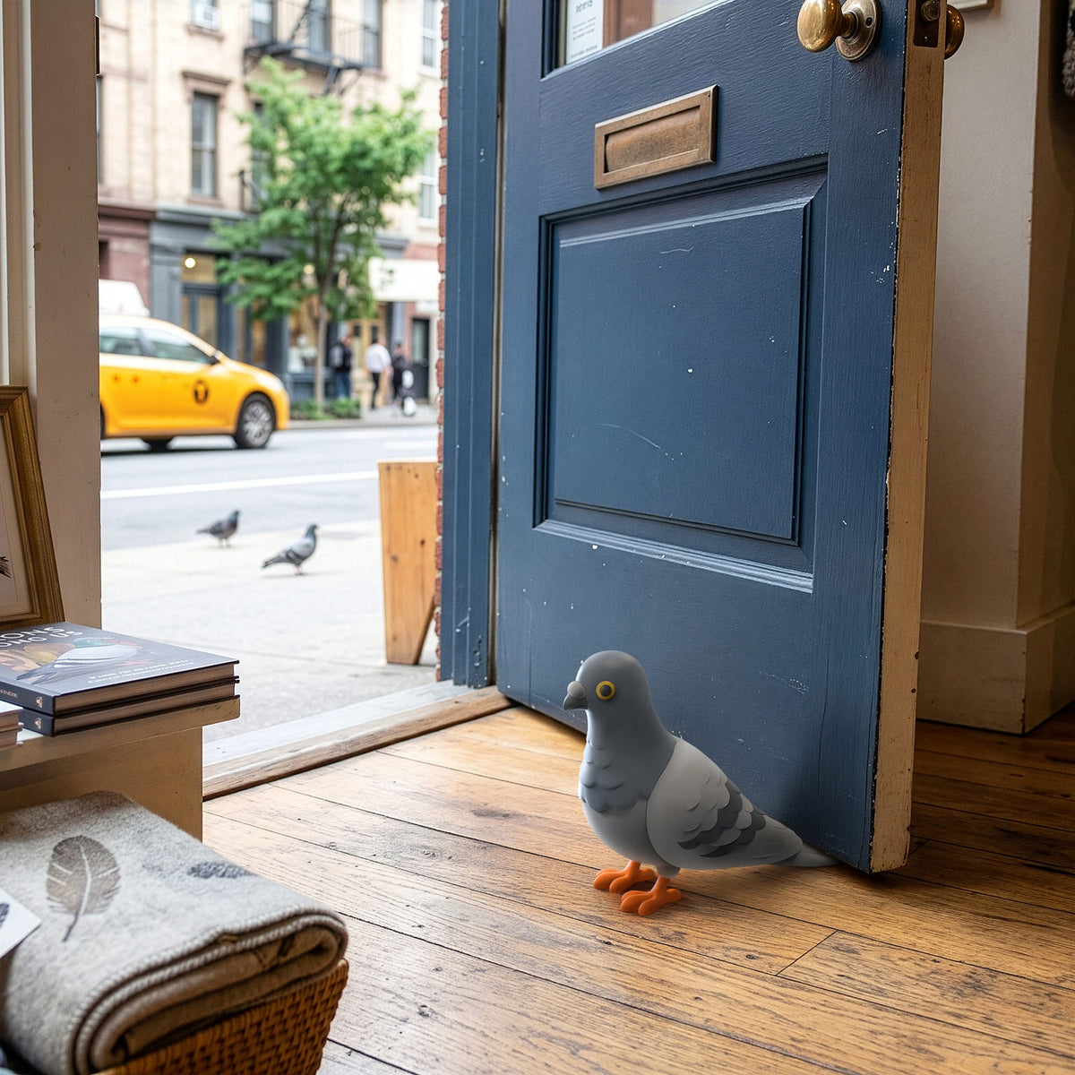 Pigeon figurine indoors near an open blue door with a city street outside and a stack of books nearby