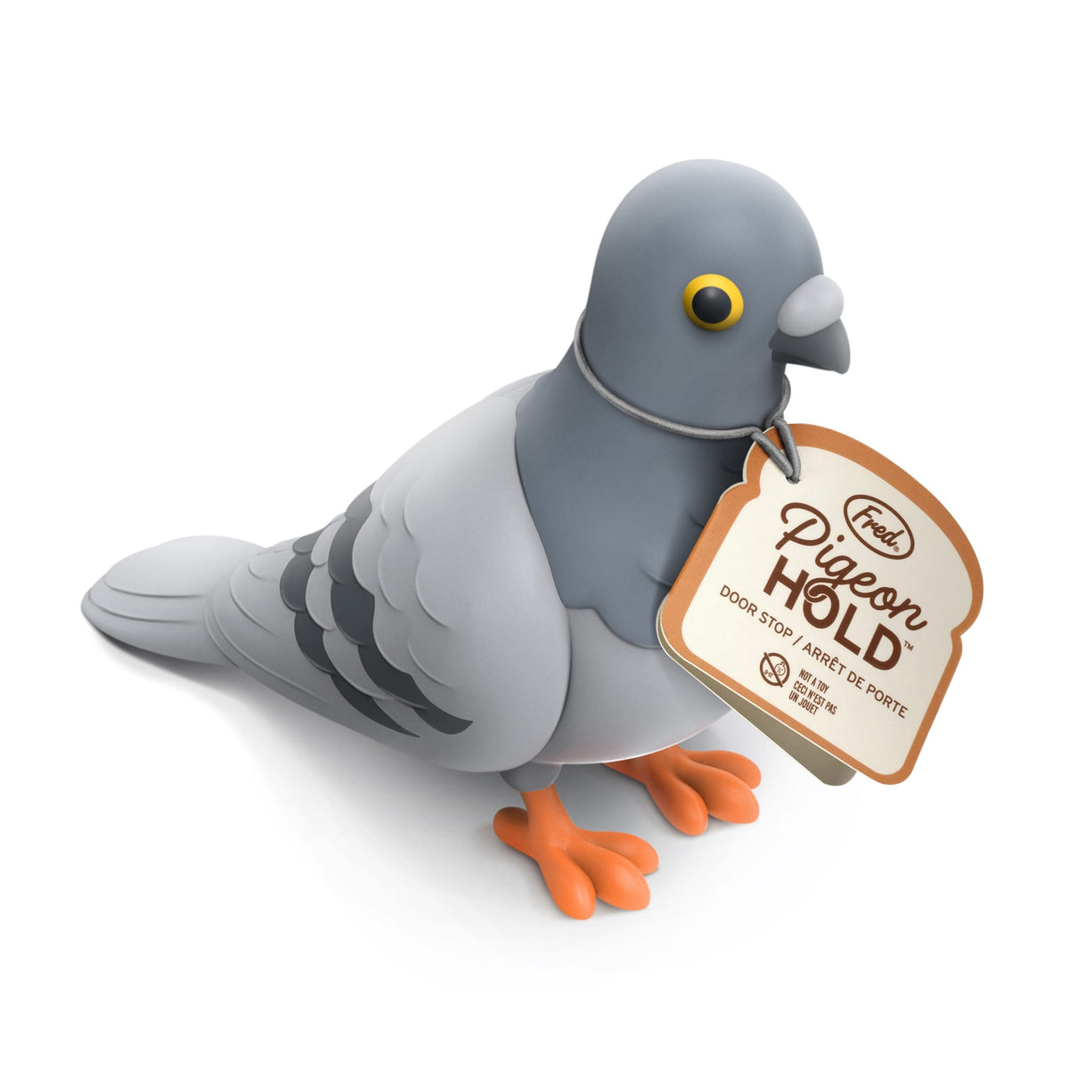 Grey pigeon figurine with orange feet and Pigeon Hold door stop tag
