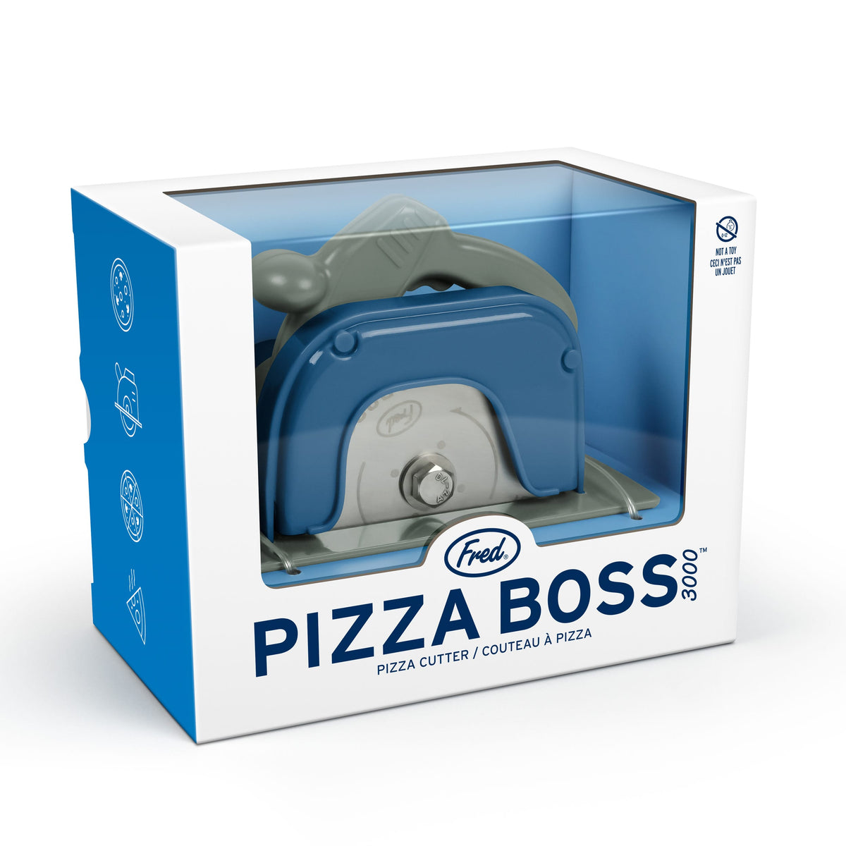 Blue and white retail box with a clear window revealing the blue and gray Pizza Boss cutter inside