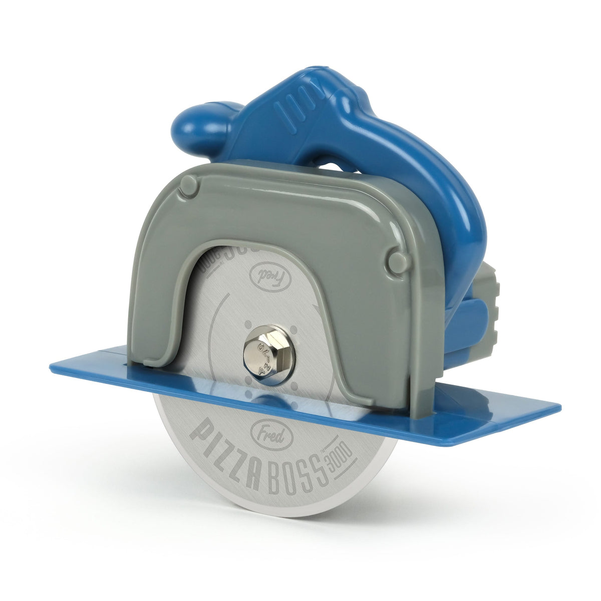 Close up of the blue Pizza Boss handle on a gray pizza cutter with the metal blade visible