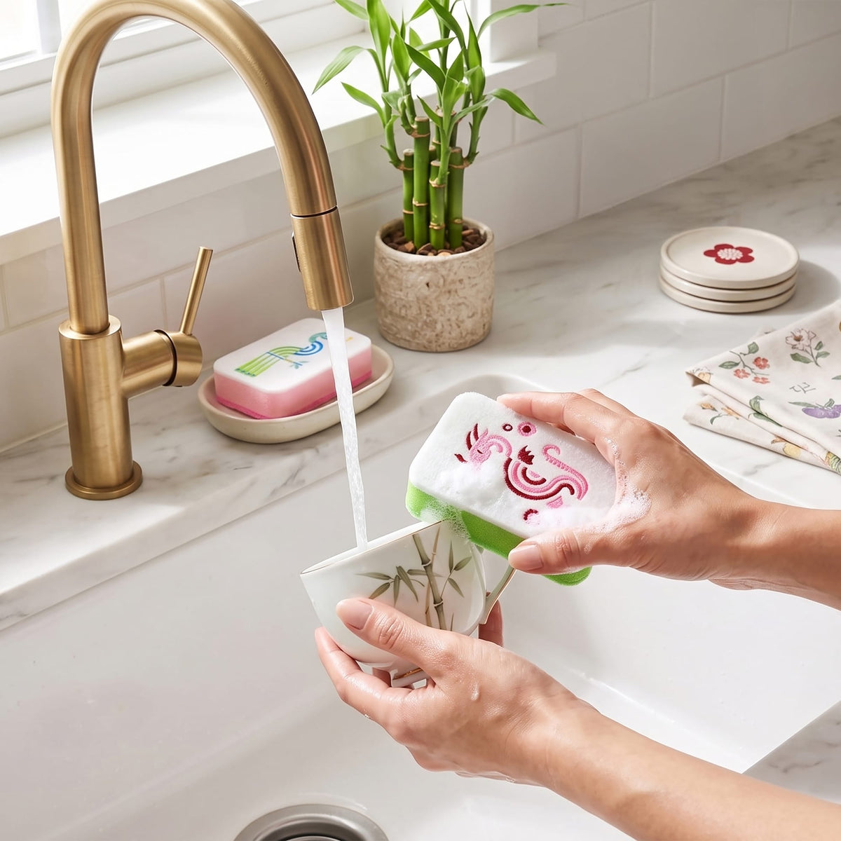 Hands washing a mug with a pink edged sponge under a running faucet in a kitchen
