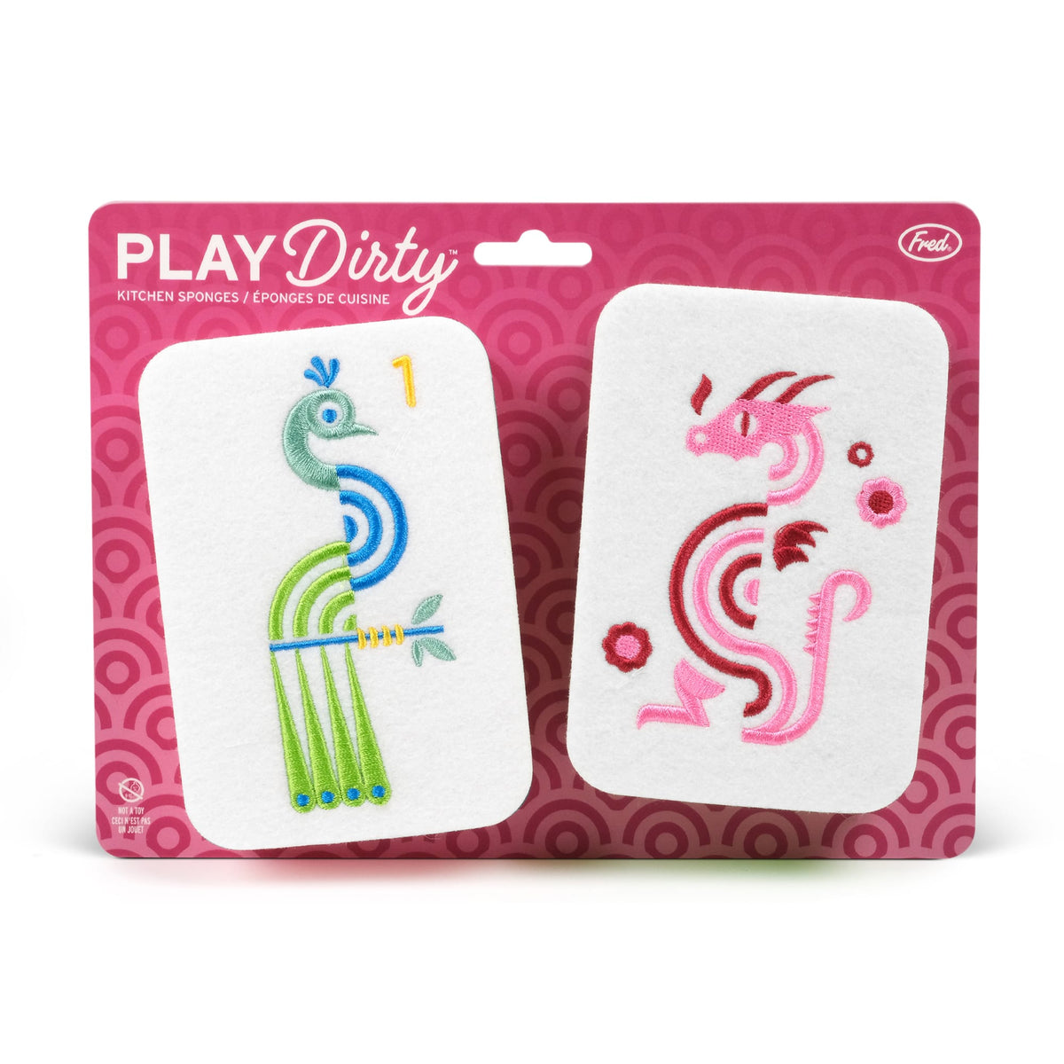 Play Dirty kitchen sponges on pink packaging with white embroidered motifs