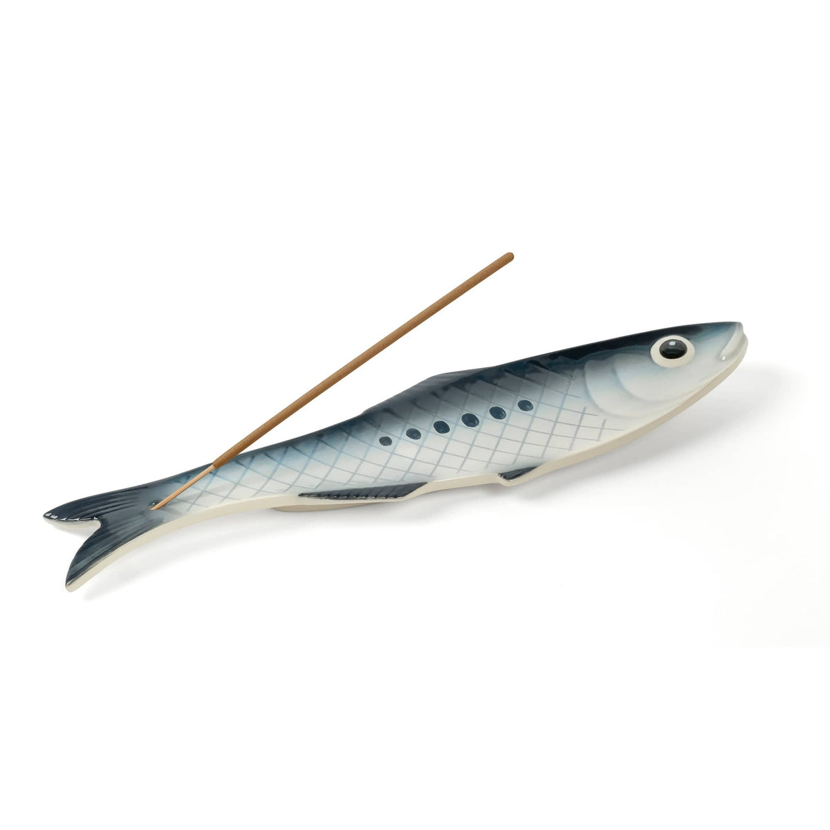REEL CALM fishing lure with blue gradient scales and a wooden stick resting across its body