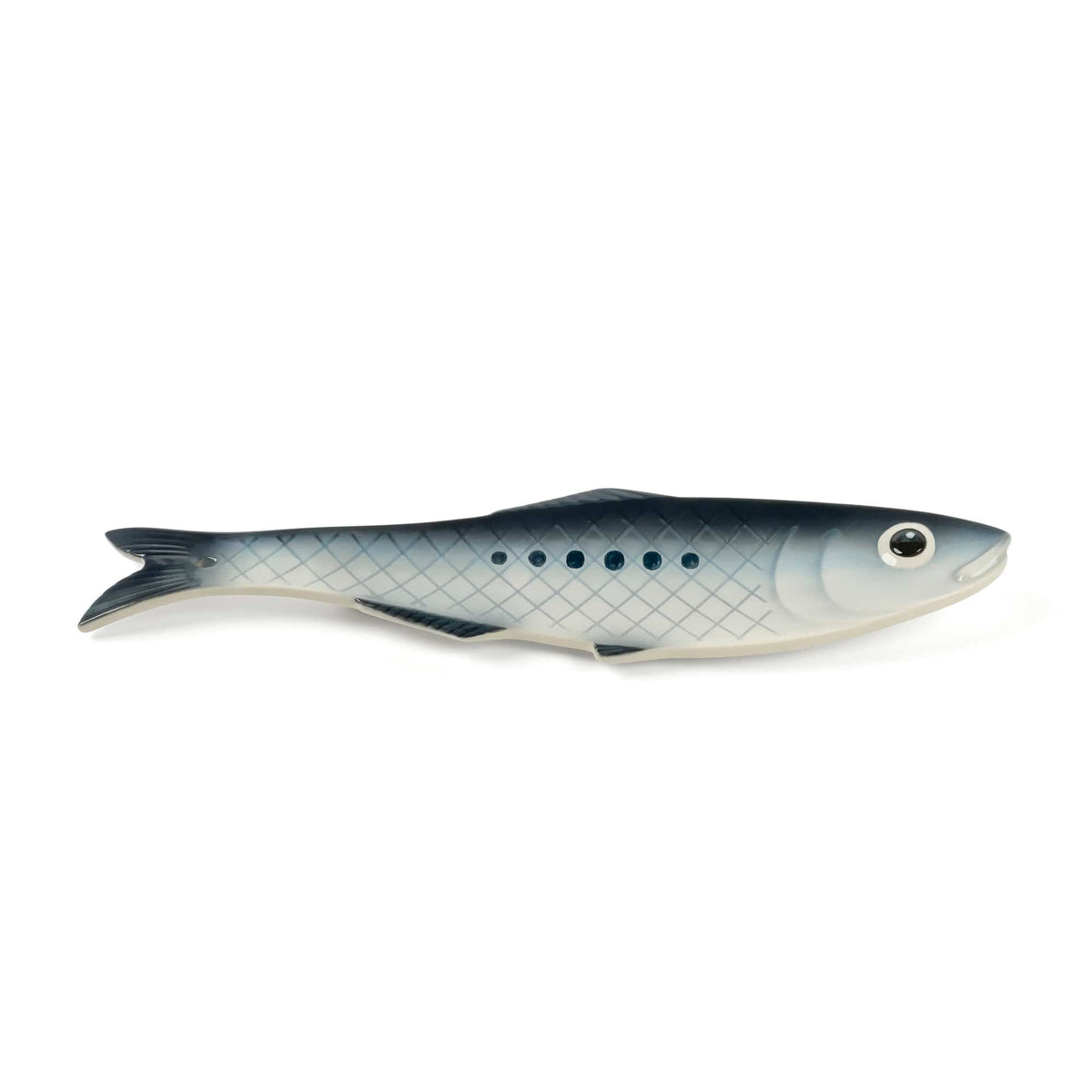 REEL CALM fishing lure close up showing blue scales and a visible eye