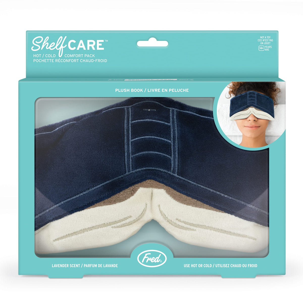 ShelfCare lavender scented plush book packaging featuring a model wearing a blue sleep mask