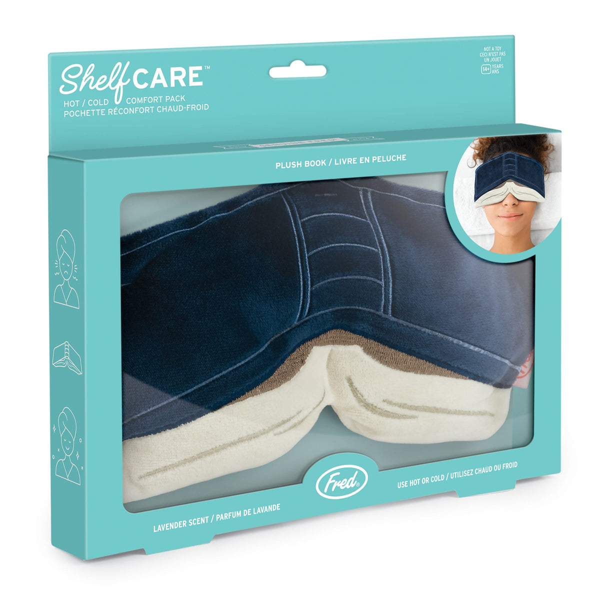 ShelfCARE lavender scented hot and cold comfort pack in teal packaging with plush book image