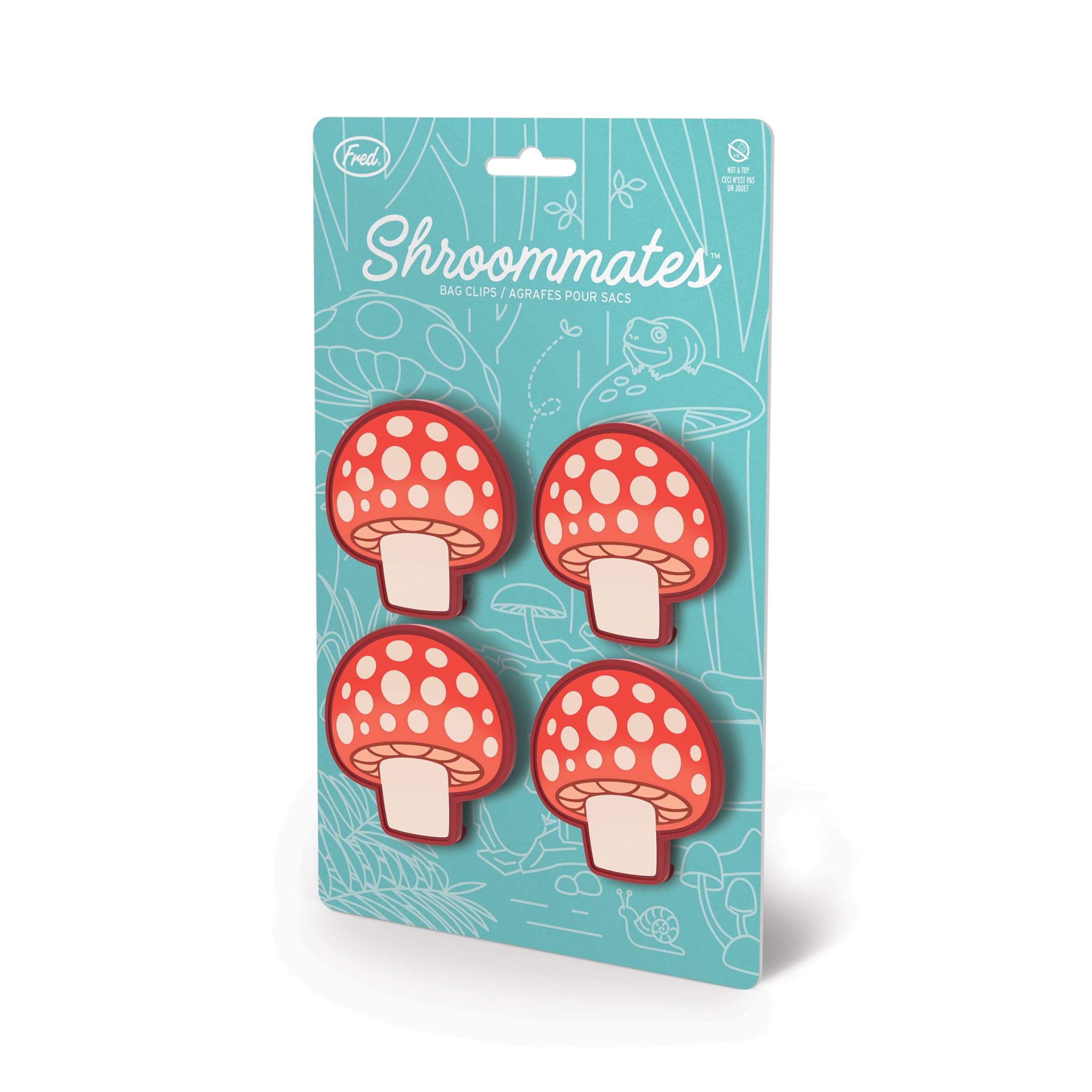 Fred Shroommates - Mushroom Bag clips on teal packaging