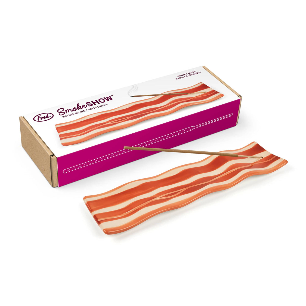 Smoke Show incense holder packaging with a white lid magenta panel and orange striped wave design and a wooden incense stick.
