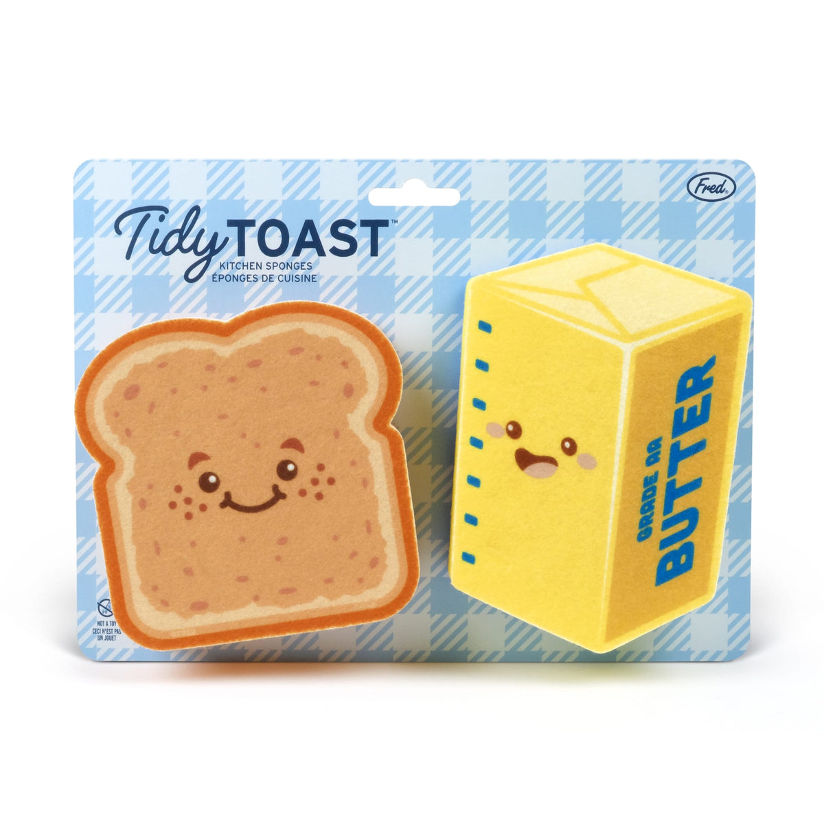 Tidy Toast kitchen sponges on blue checkered packaging featuring a smiling bread slice and a yellow sponge block