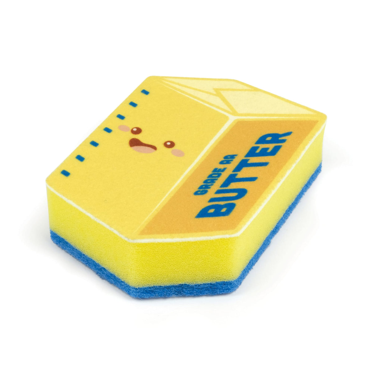 Yellow bread shaped sponge with blue trim and partial packaging visible from Tidy Toast