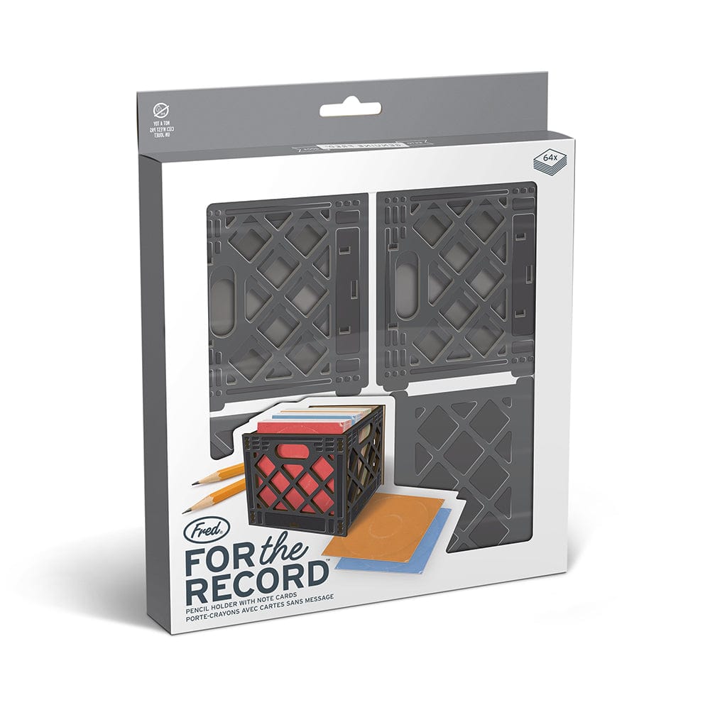 Fred's For The Record shown in window gift box packaging with cool gray accents. The product is flat packed and comes with instructions for easy pop-up aseembly