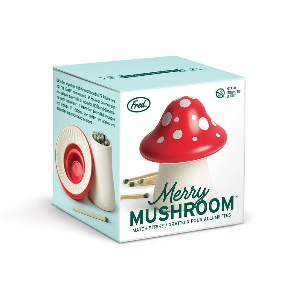 Fred's Merry Mushroom Match Strike in gift box packaging with light blue accents.