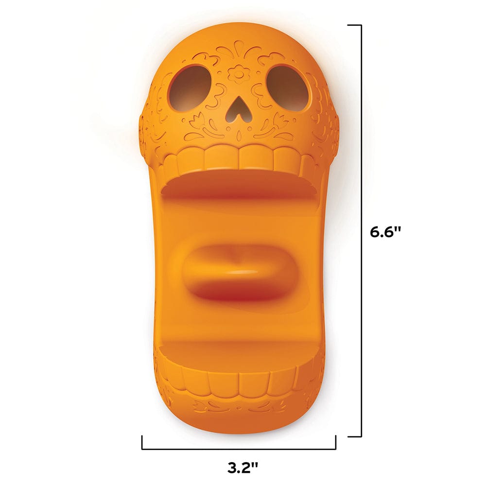An orange Calavera-style skull taco tray showing the product dimensions: 3.2 x 6.6