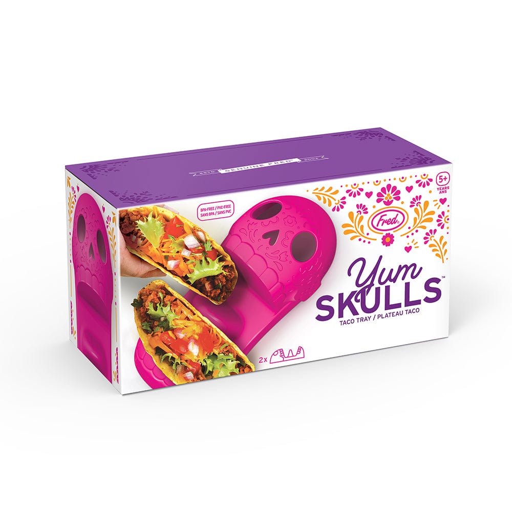 Fred's Yum Skull taco trays in gift box packaging with purple accents